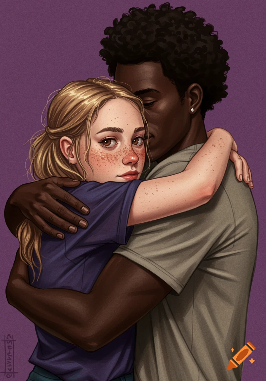 An illustration of a man and woman hugging