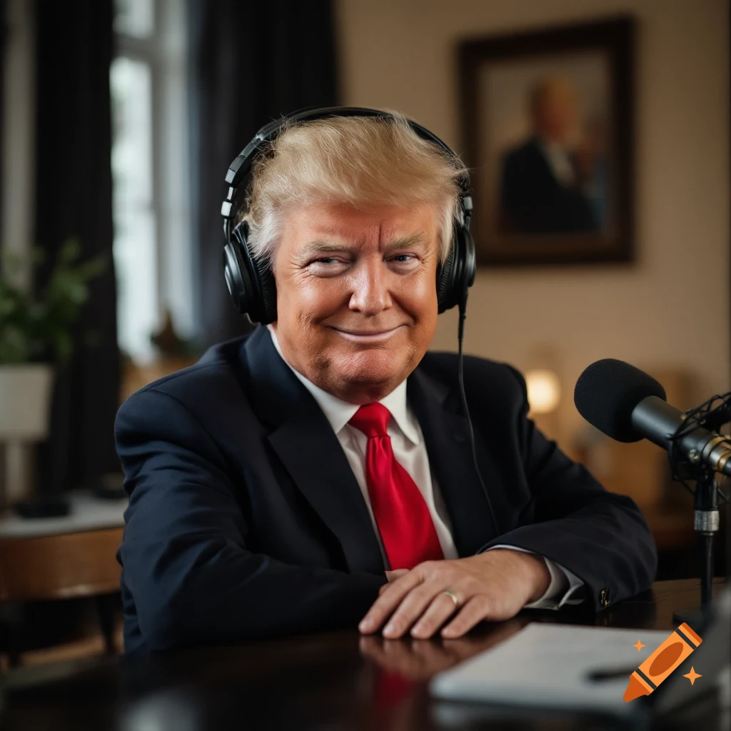 Adult resembling Donald Trump wearing headphones, suit, and red tie, sitting at a table with a microphone, in a room.