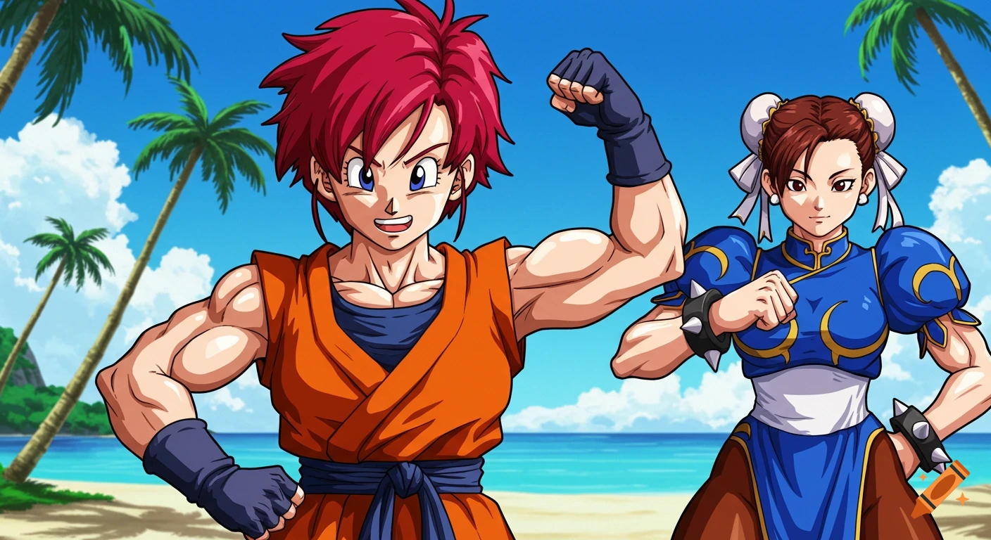 Anime style image of Videl flexing muscles next to Chun-Li on a beach.
