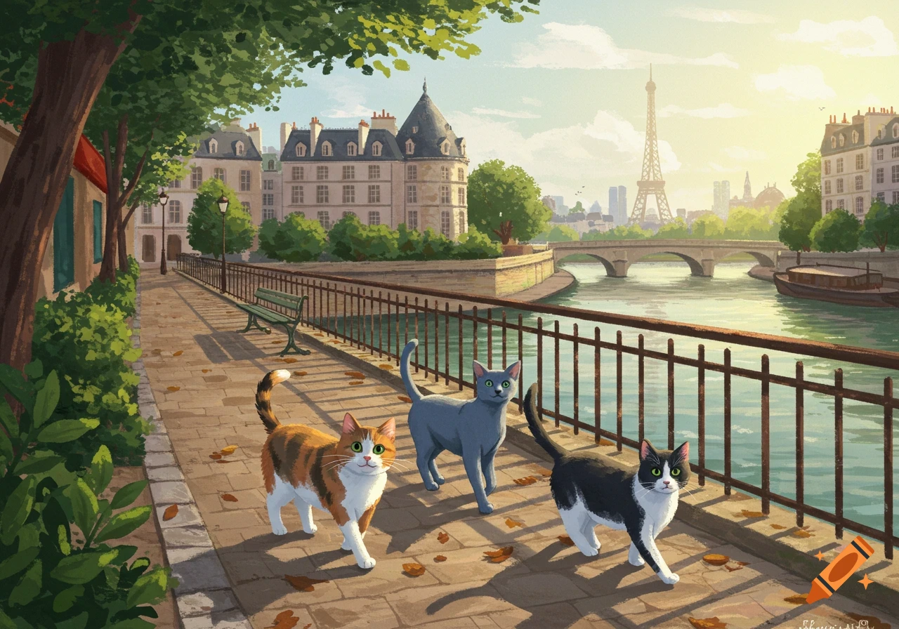 Three cats walk along a river path in Paris with the Eiffel Tower in the background, digital painting.