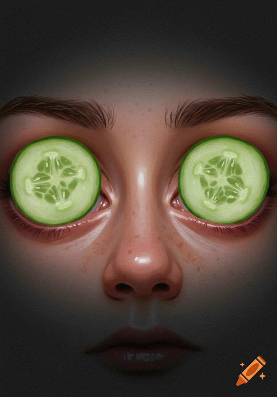 Close-up illustration of a face with cucumber slices covering the eyes.