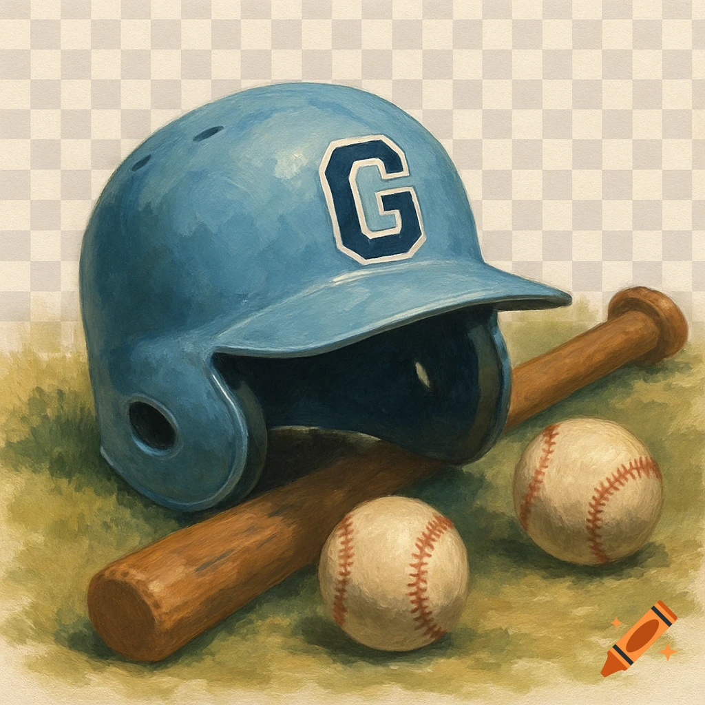 Painterly depiction of a light blue baseball helmet with a 'G', a bat, and baseballs on grassy ground.