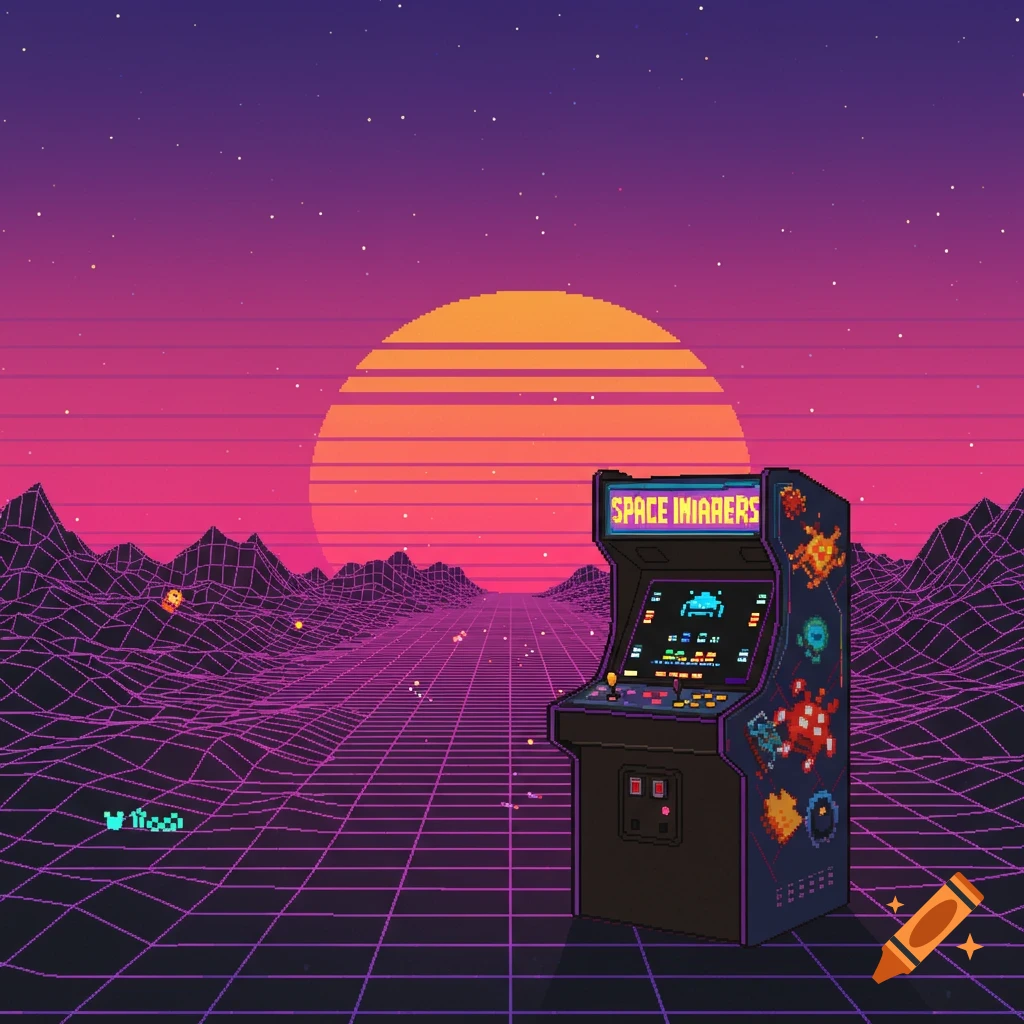 Pixel art arcade cabinet in a retro synthwave landscape.