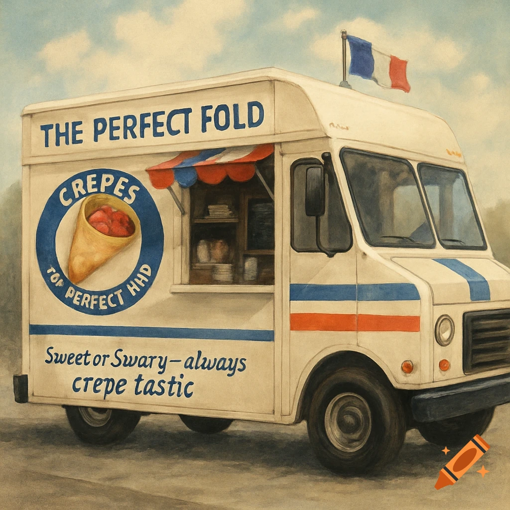 A French-themed crepe food truck with signs and a French flag, in a painted style.