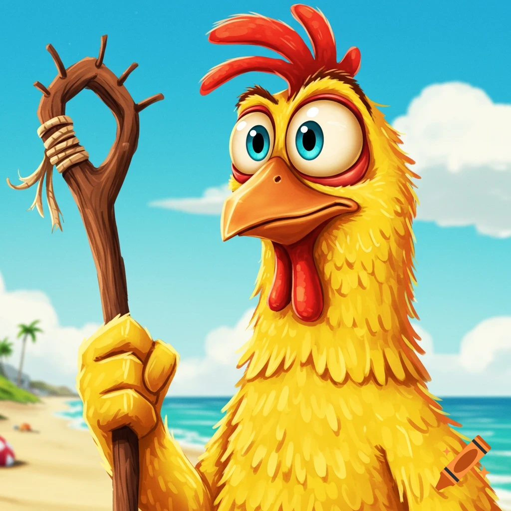 Cartoon chicken holding a stick on a beach