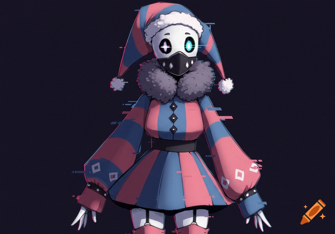 A stylized character in a striped red and blue jester outfit, mask, and hat with one glowing eye, featuring glitch effects.