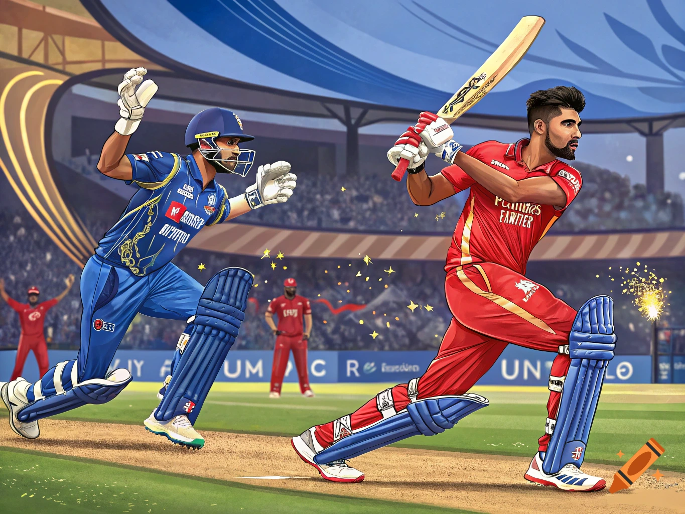 Illustration of a cricket match with a batsman and wicketkeeper in action at a stadium.