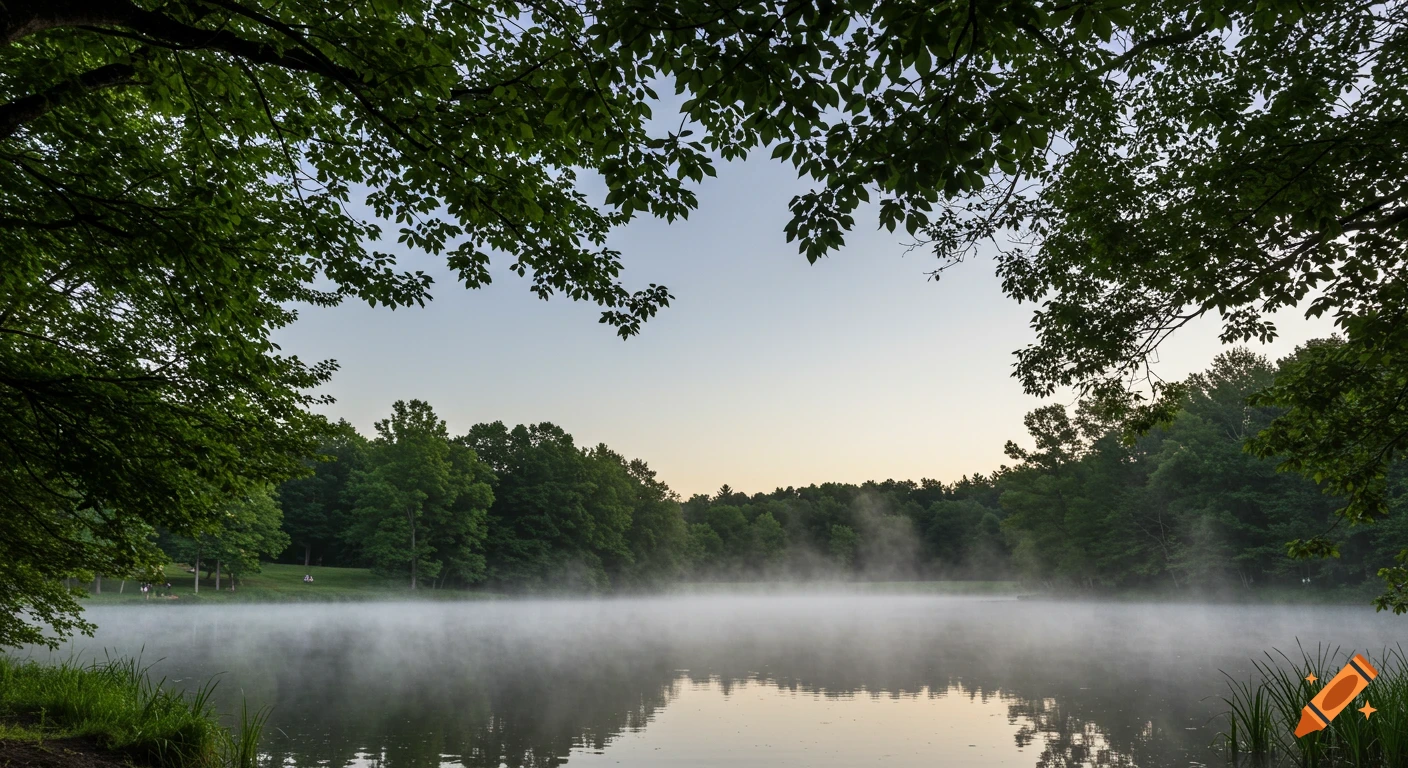 A low angle view of a misty lake surrounded by a dense forest and framed by tree branches.