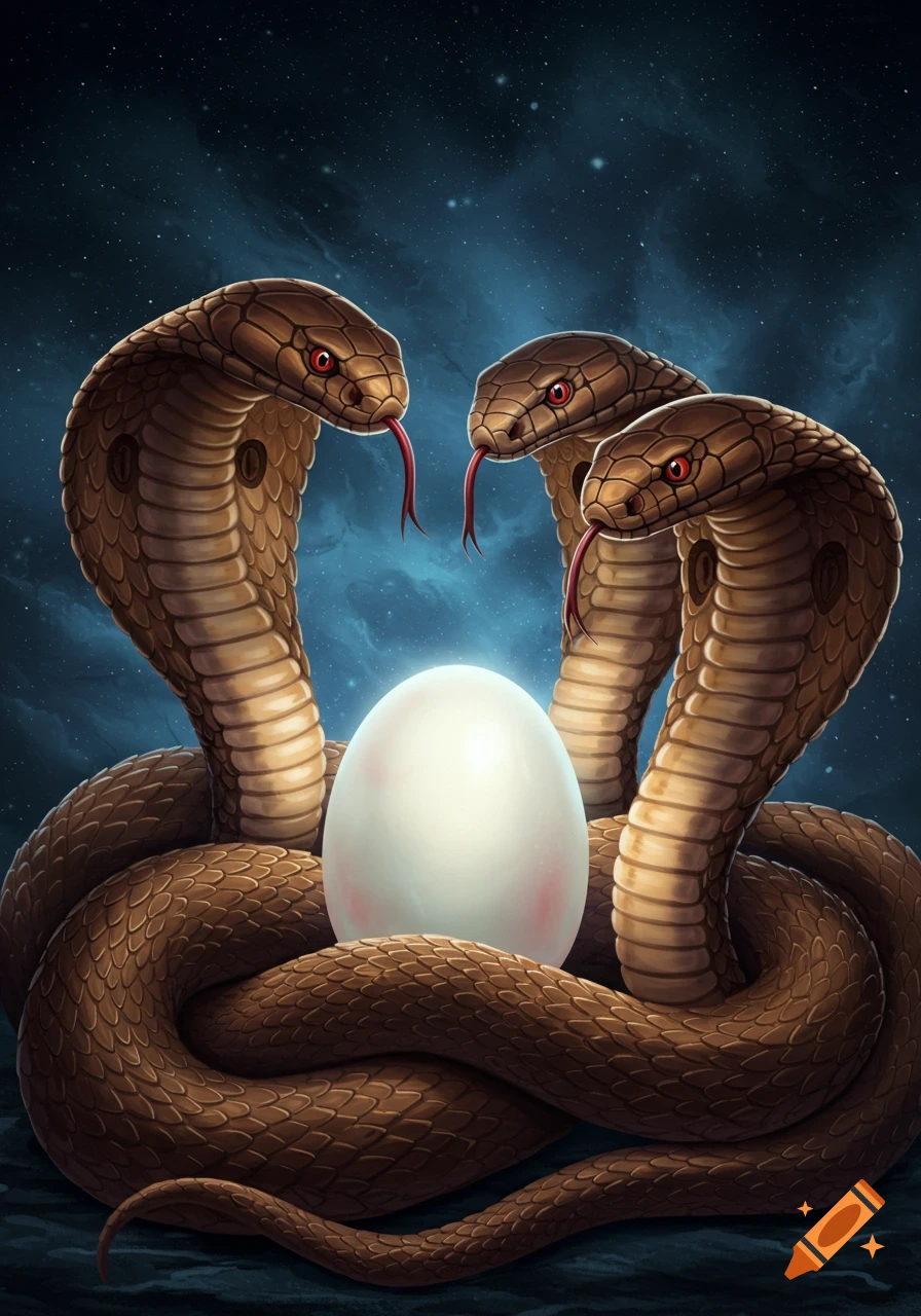 Three cobra heads emerging from coiled snake bodies surrounding a glowing egg against a starry night sky.