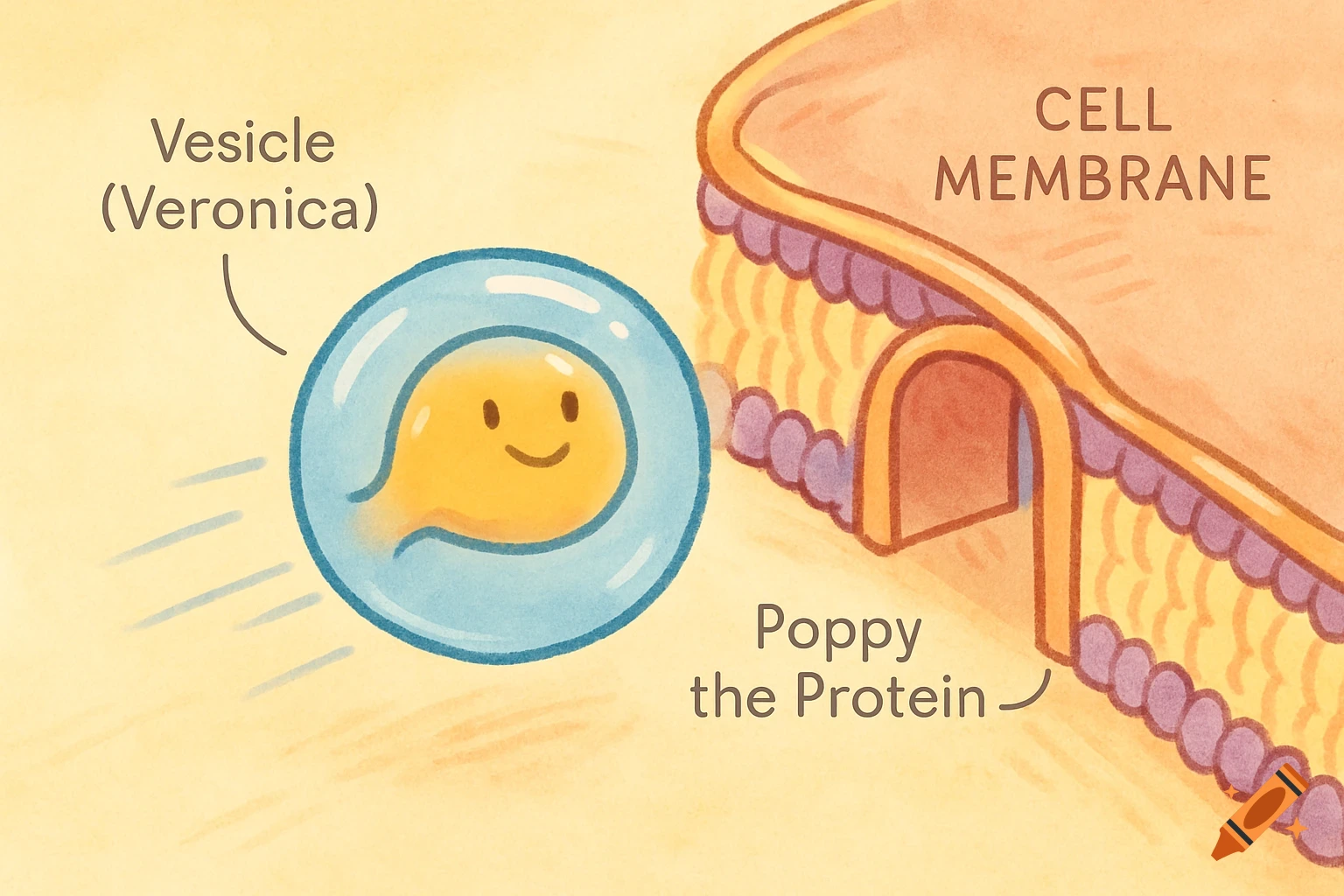 A cute illustration of a vesicle approaching a cell membrane, with labels.