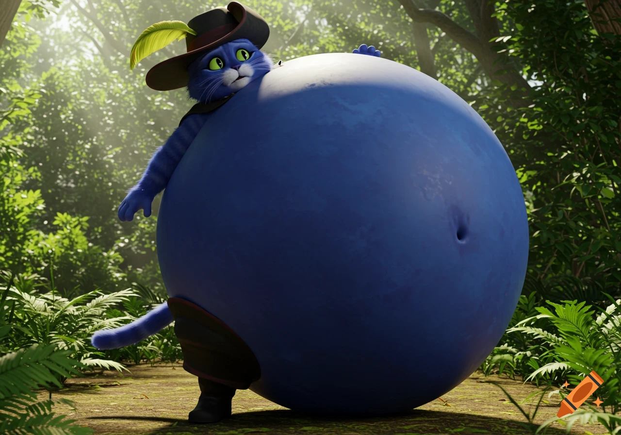 Puss in Boots inflated into a giant blue sphere stands in a forest with a worried expression, in a 3D animated style.