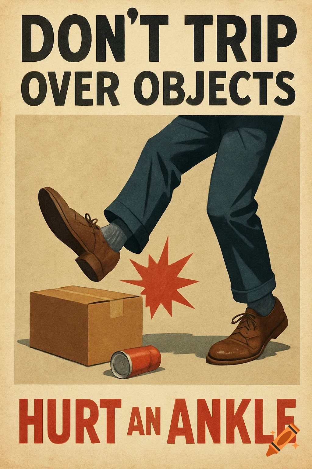 A vintage safety poster illustration shows a person tripping over a box and can. Text reads "DON'T TRIP OVER OBJECTS HURT AN ANKLE".