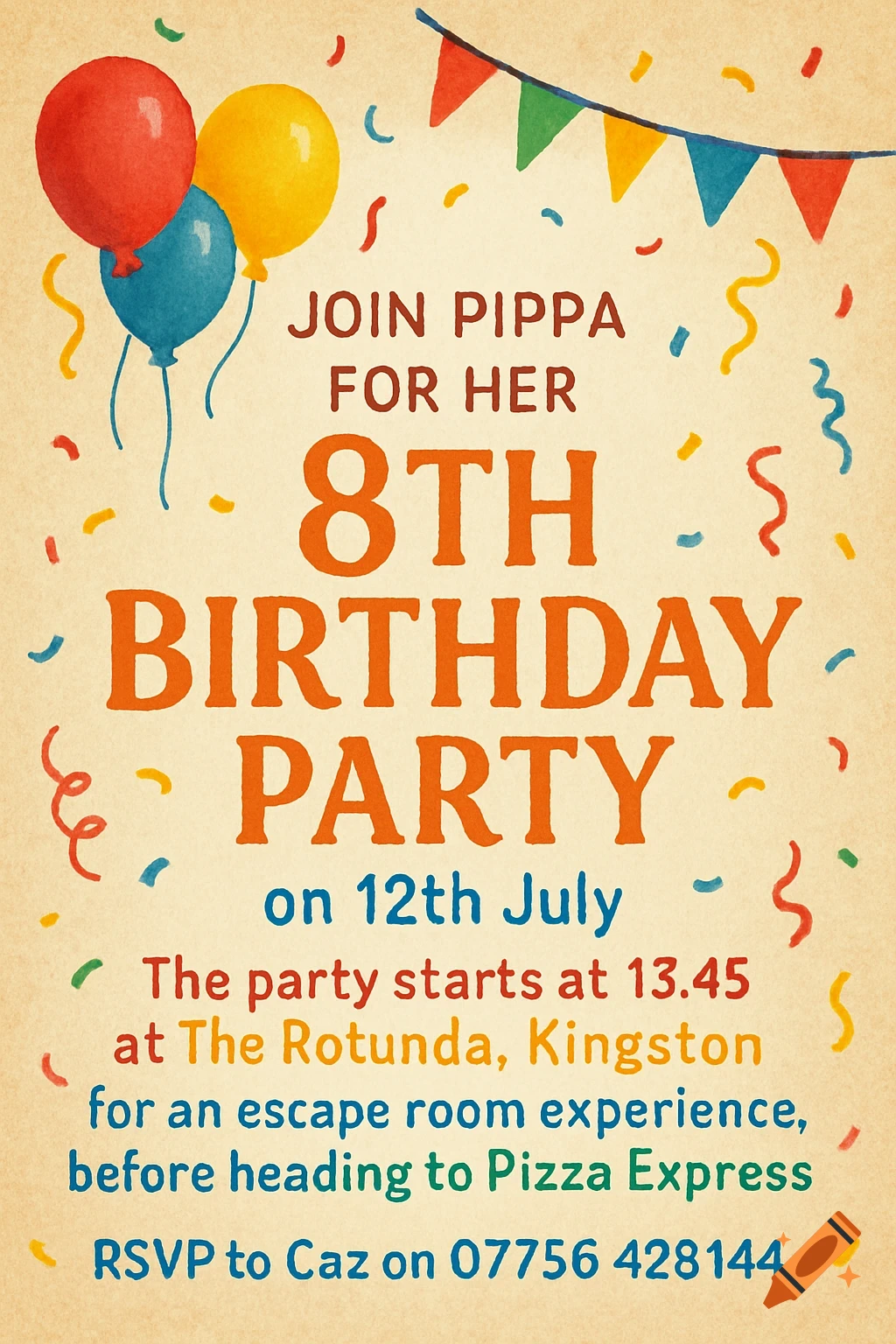 Watercolor style birthday invitation with balloons, confetti, bunting, and party details.