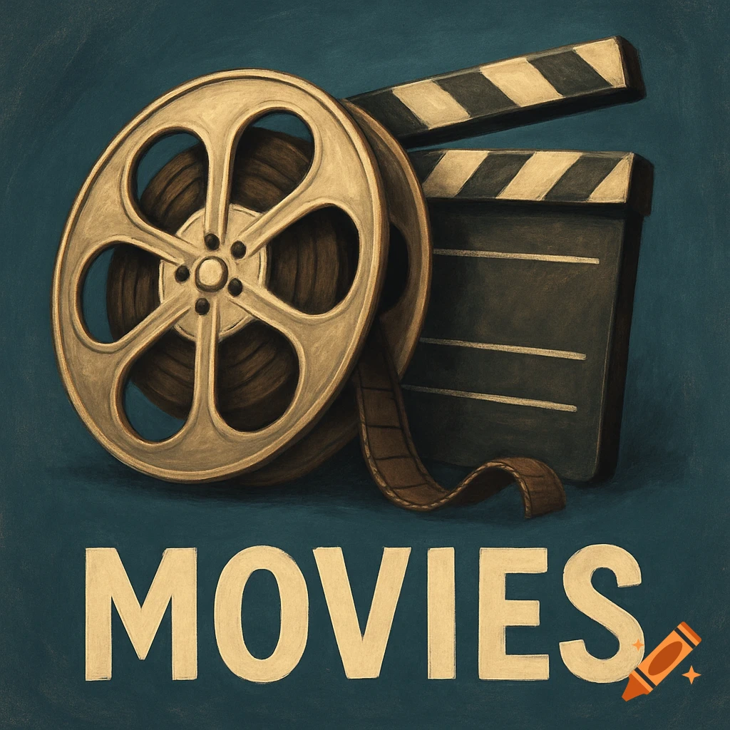 A film reel and clapperboard sit above the word MOVIES in a stylized illustration on a blue background.