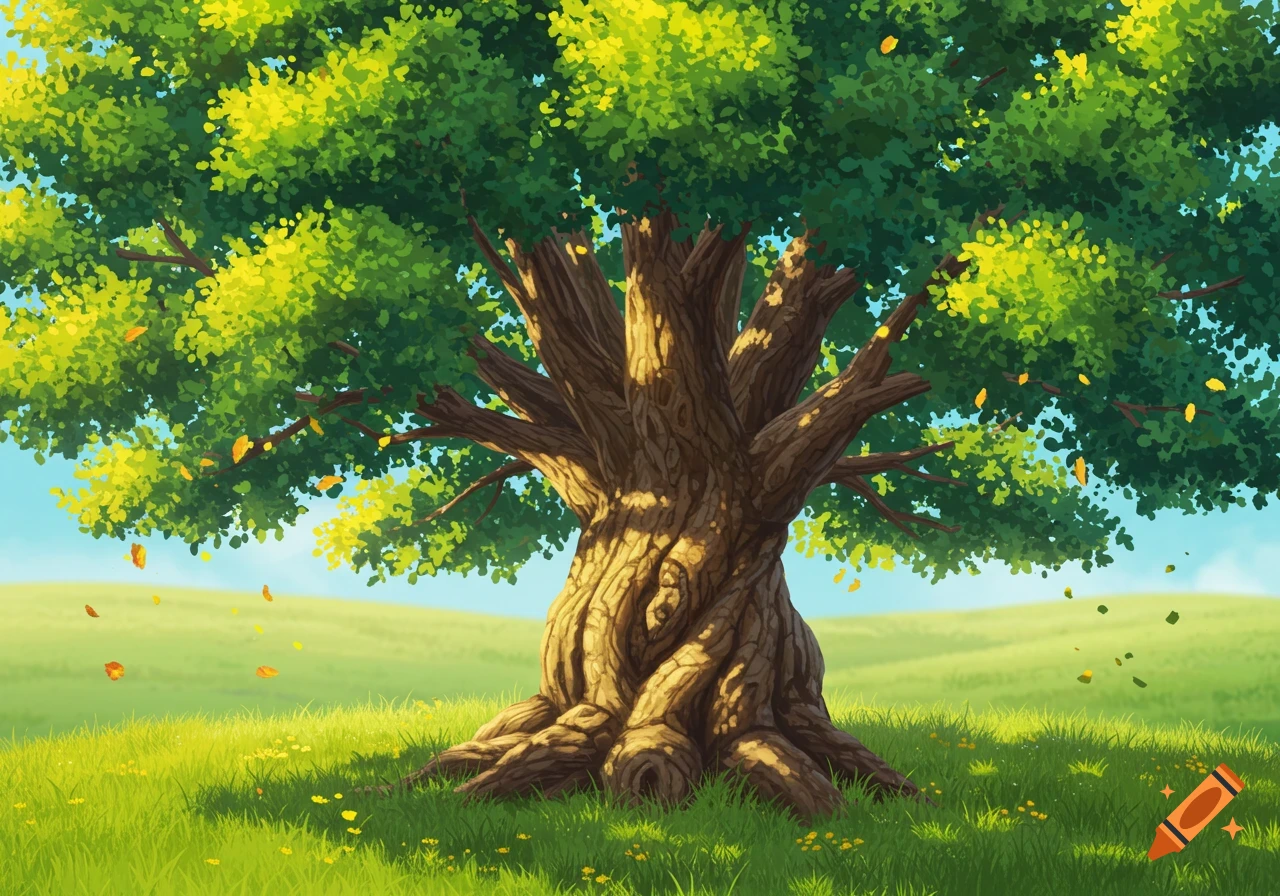 A large, old tree with lush green leaves stands in a grassy field with small yellow flowers. The sun casts strong shadows on the textured bark, and a few leaves are falling.