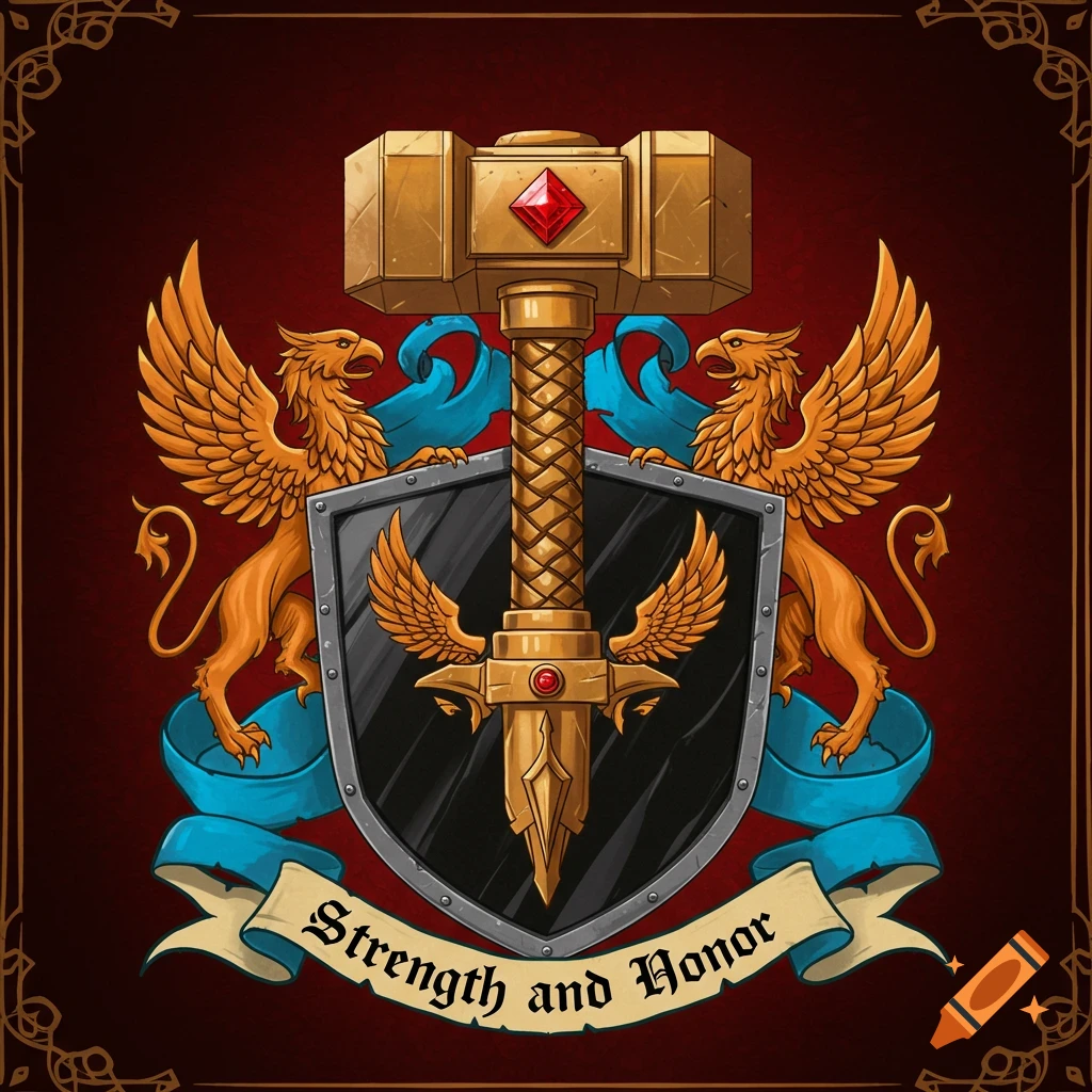 Heraldic crest with a hammer, shield, two griffins, and a banner reading "Strength and Honor".