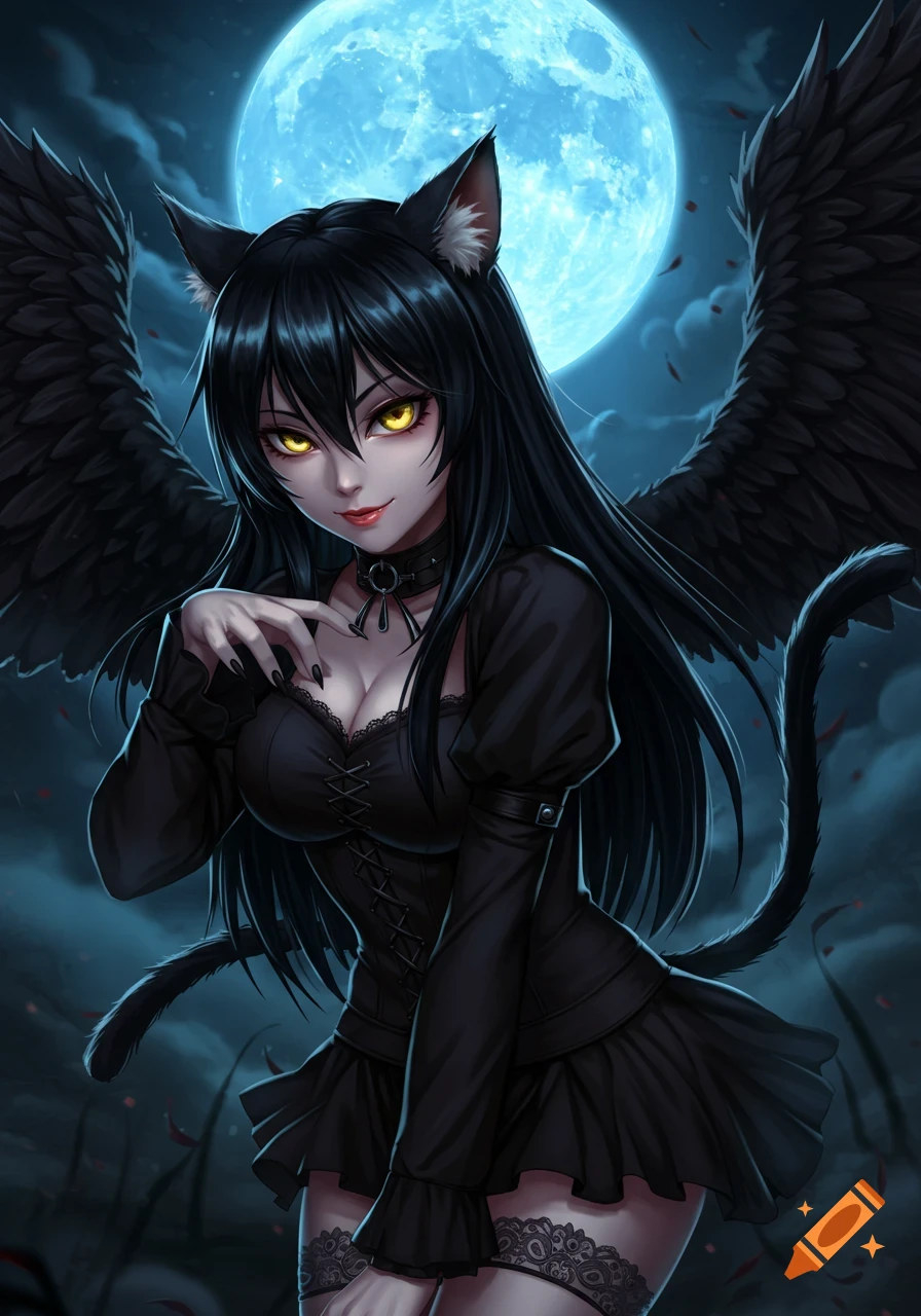 Anime fantasy dark angel catgirl with black wings and ears in a black dress under a full moon.