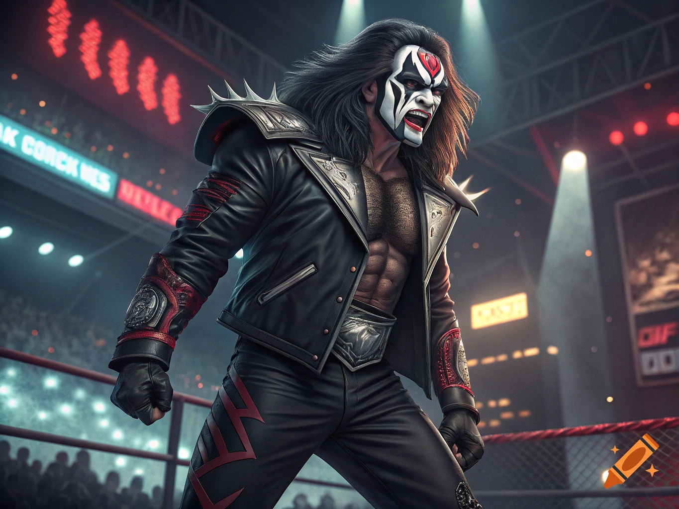 Character with face paint and leather attire stands in a wrestling ring.