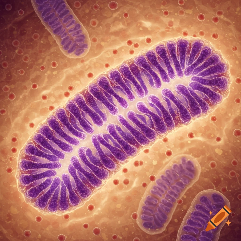 Close-up microscopic view of purple mitochondria structures inside a cell, glowing with light.