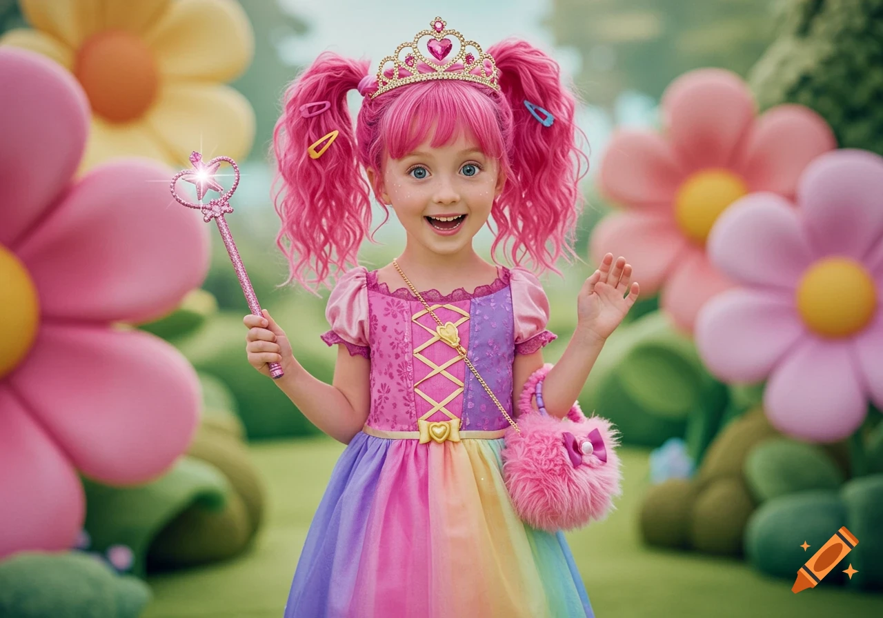 A young girl in a colorful princess dress with pink hair and a tiara holds a wand, standing among large flowers.