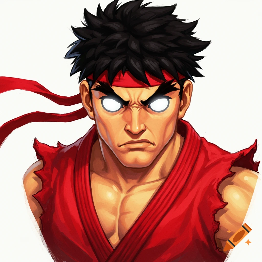 A stylized portrait of a male character with dark spiky hair, red headband, and glowing eyes.