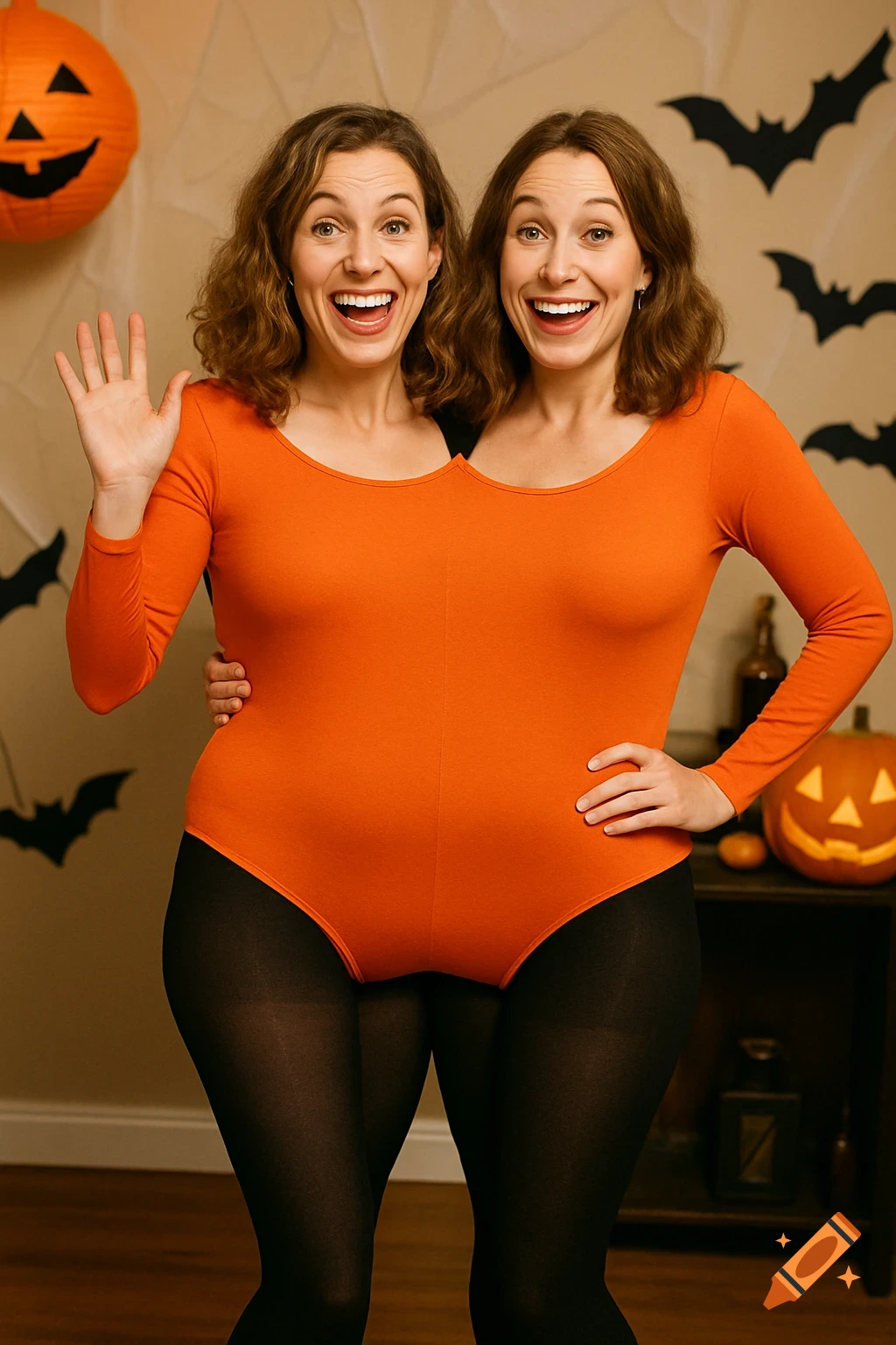 Two women in a two-headed orange leotard costume stand in a room decorated for Halloween.