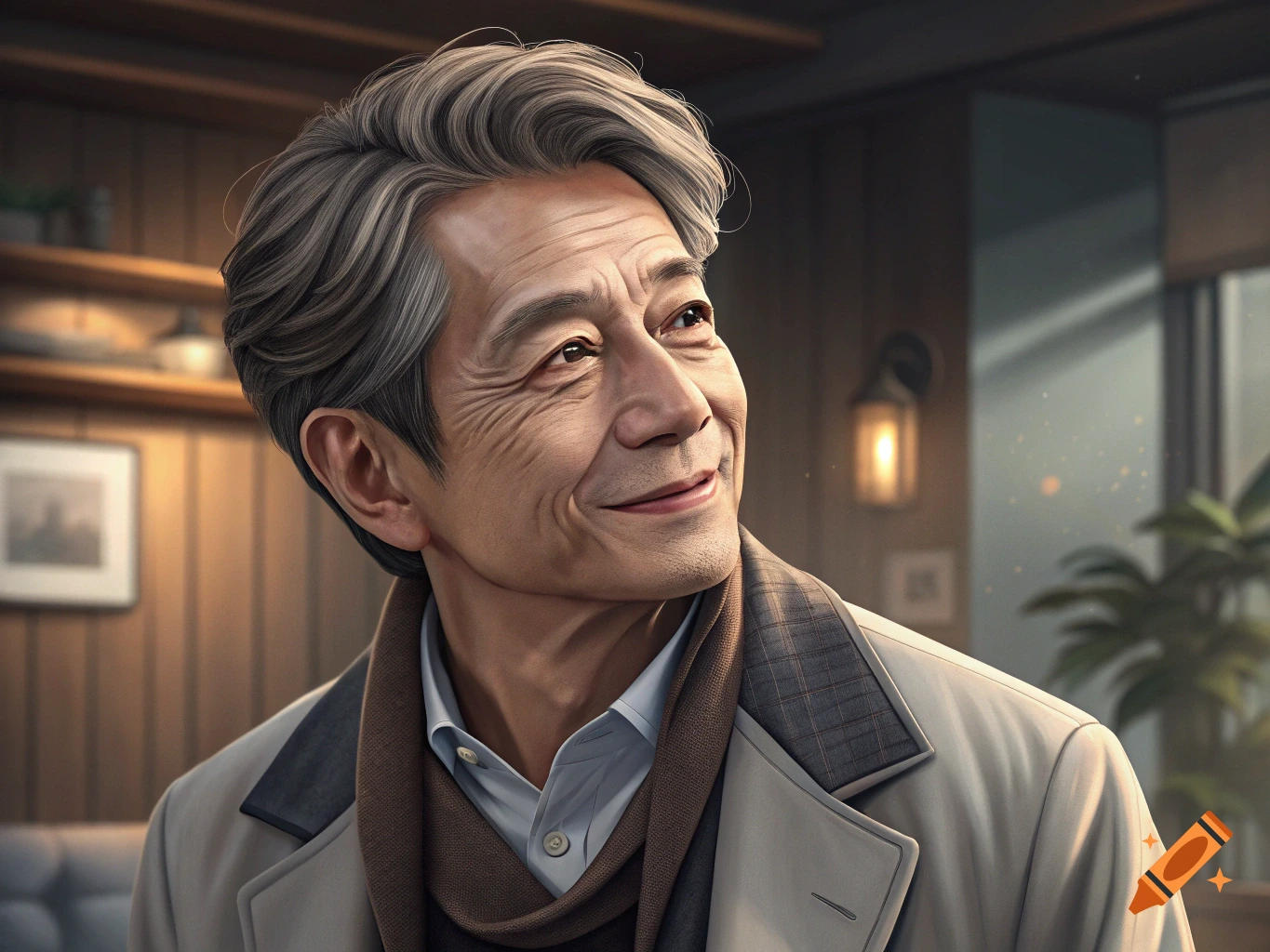 Close-up realistic portrait of a smiling older man with gray hair, wearing a coat and scarf.