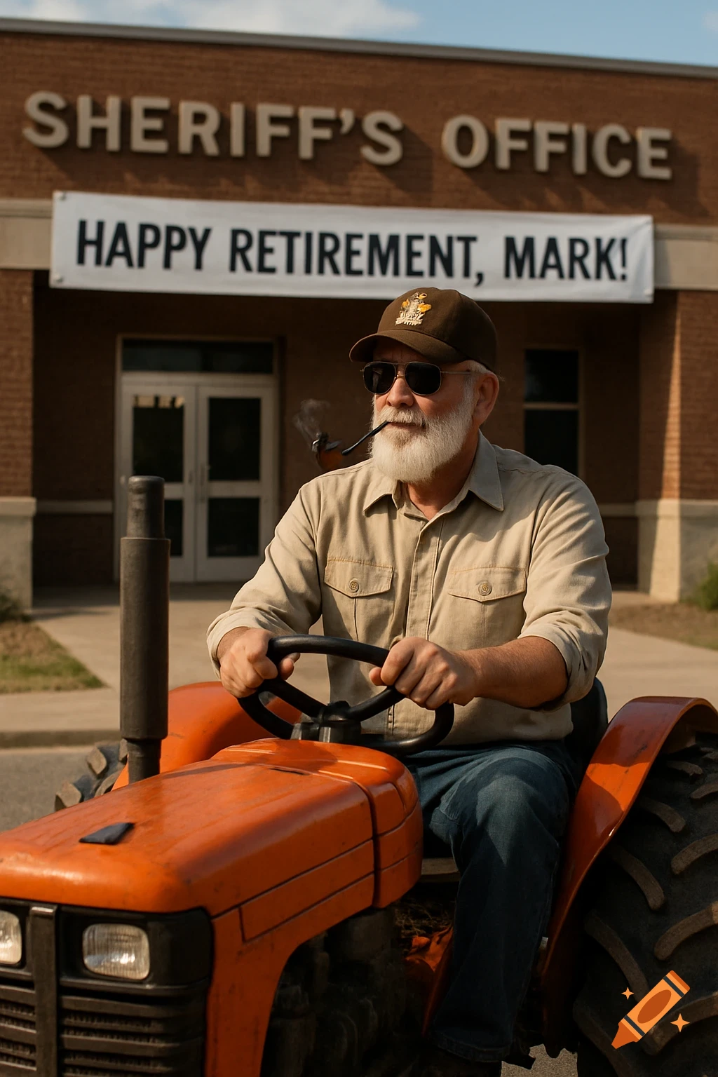 A man with a white beard drives an orange tractor away from a brick building with a banner reading "HAPPY RETIREMENT, MARK!".