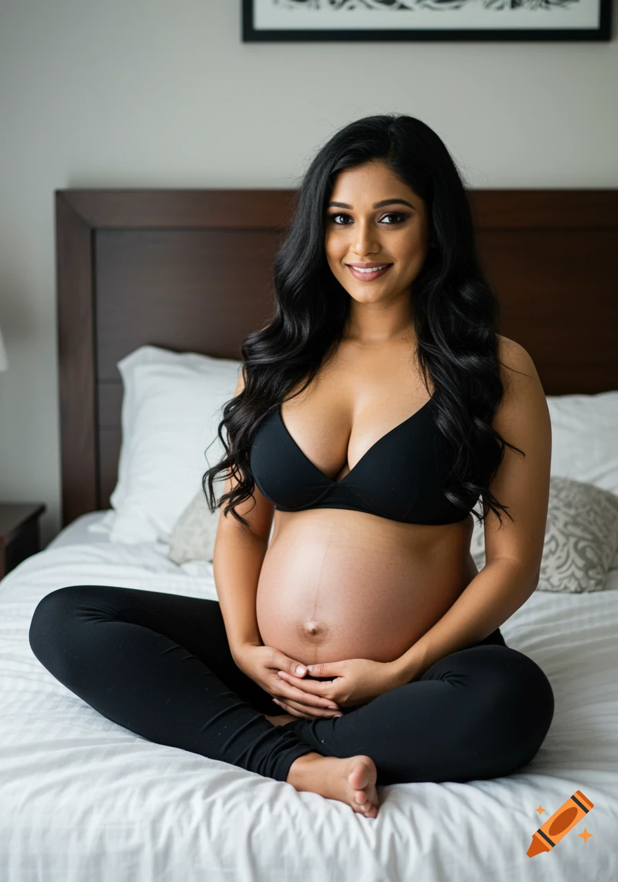 A pregnant woman wearing a black bra and leggings sits cross-legged on a bed, smiling at the camera. Photo.
