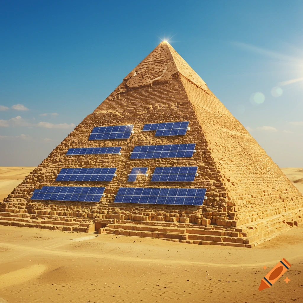 The Great Pyramid in the desert covered in solar panels under a bright ...