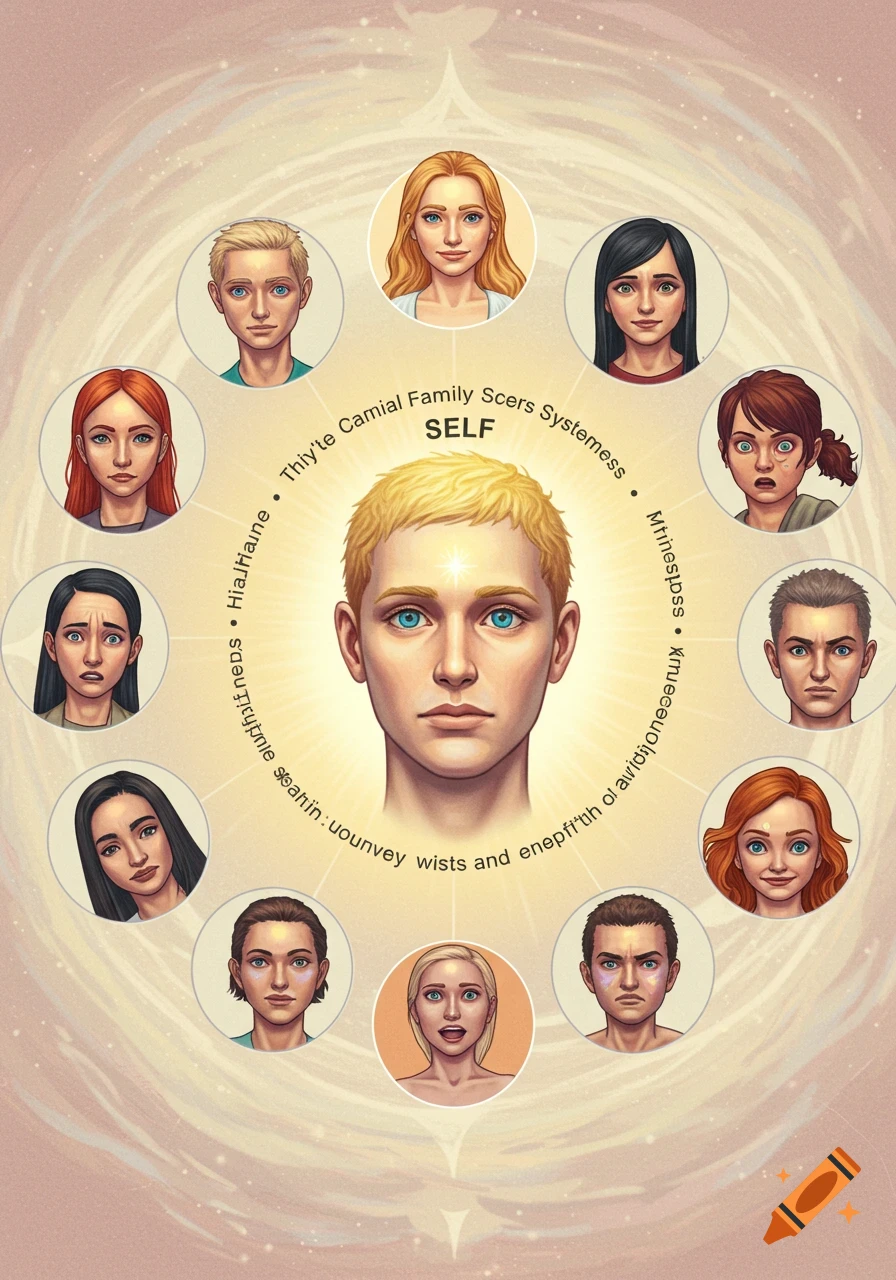 Stylized illustration of a central figure labeled 'SELF' surrounded by portraits of various faces in circles.