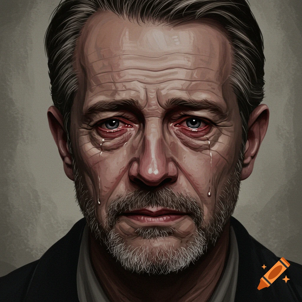 Close-up portrait of a sad older man with red, teary eyes and tears on his face.