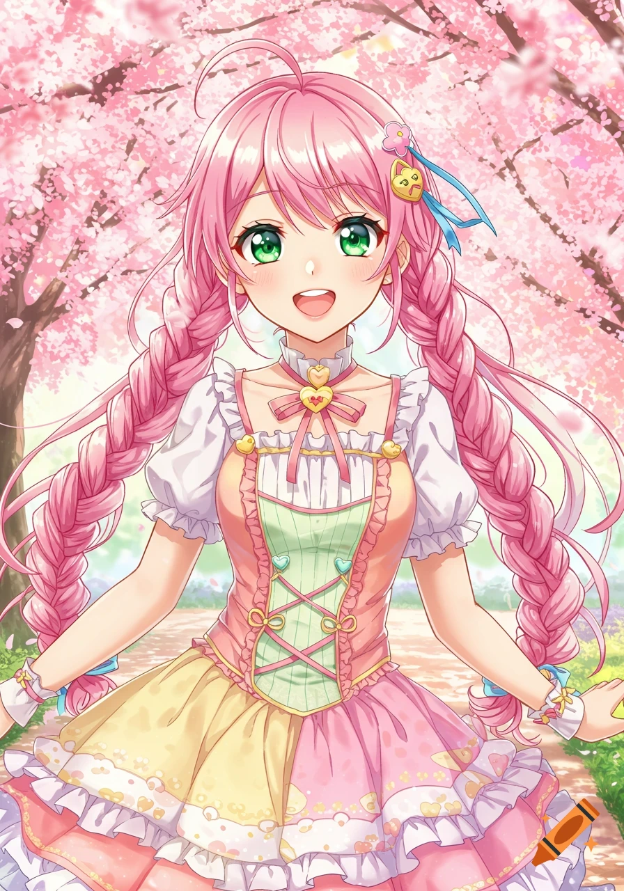 An anime girl with pink braided hair in a colorful dress stands in a park surrounded by cherry blossoms.
