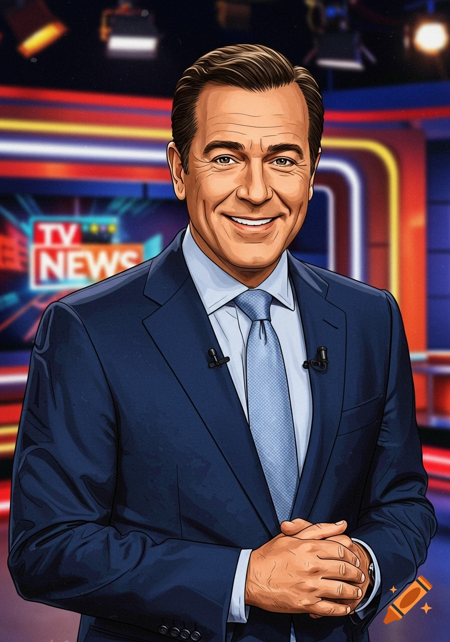 A cartoon illustration of a smiling news anchor in a blue suit standing in a television studio.