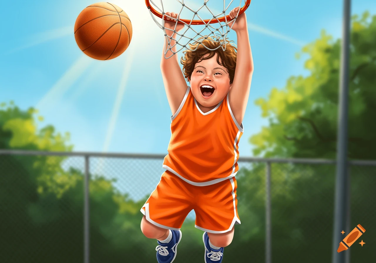 Illustration of a kid with Down Syndrome happily dunking a basketball