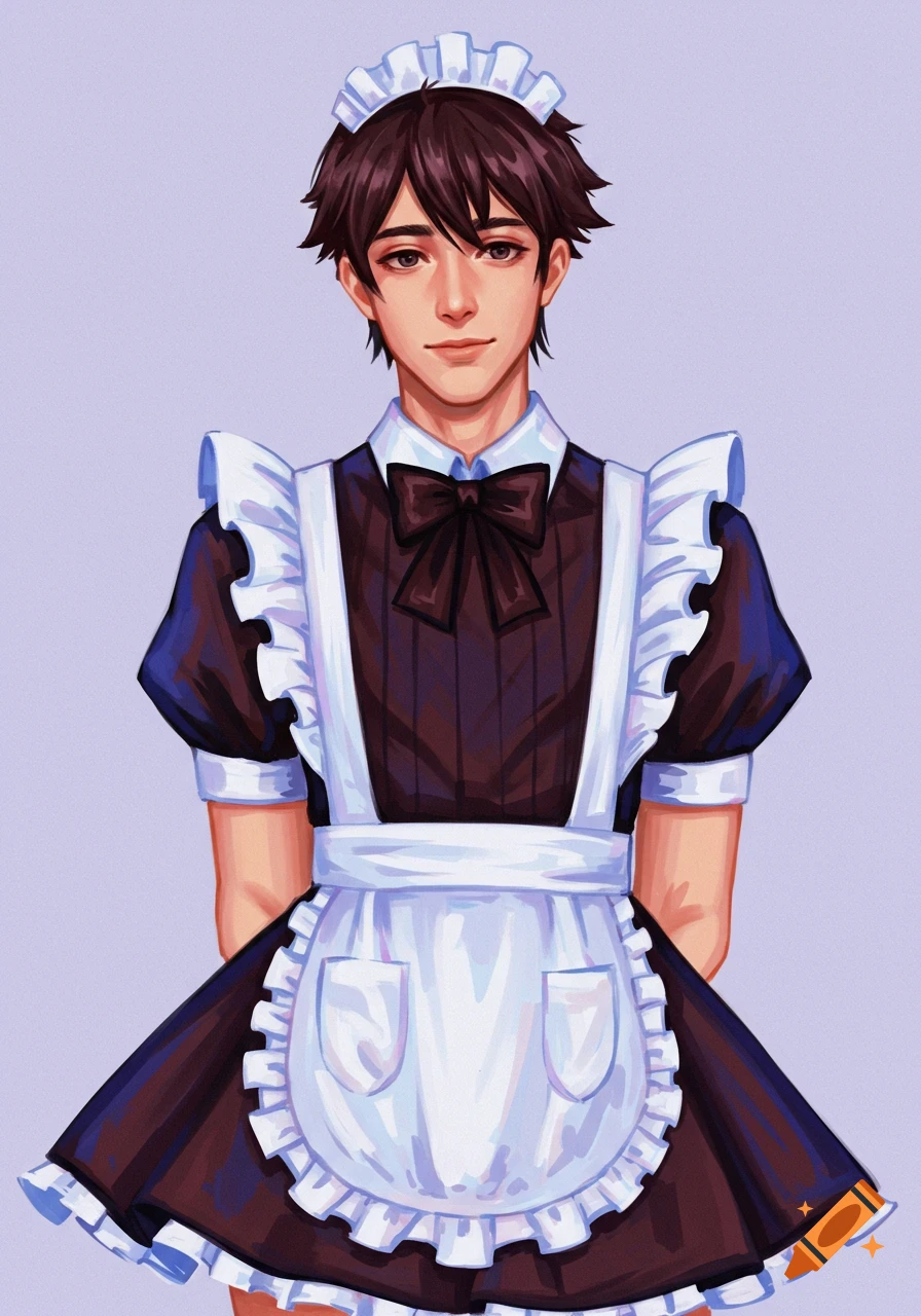 An anime-style digital illustration of a person wearing a black and white maid costume.