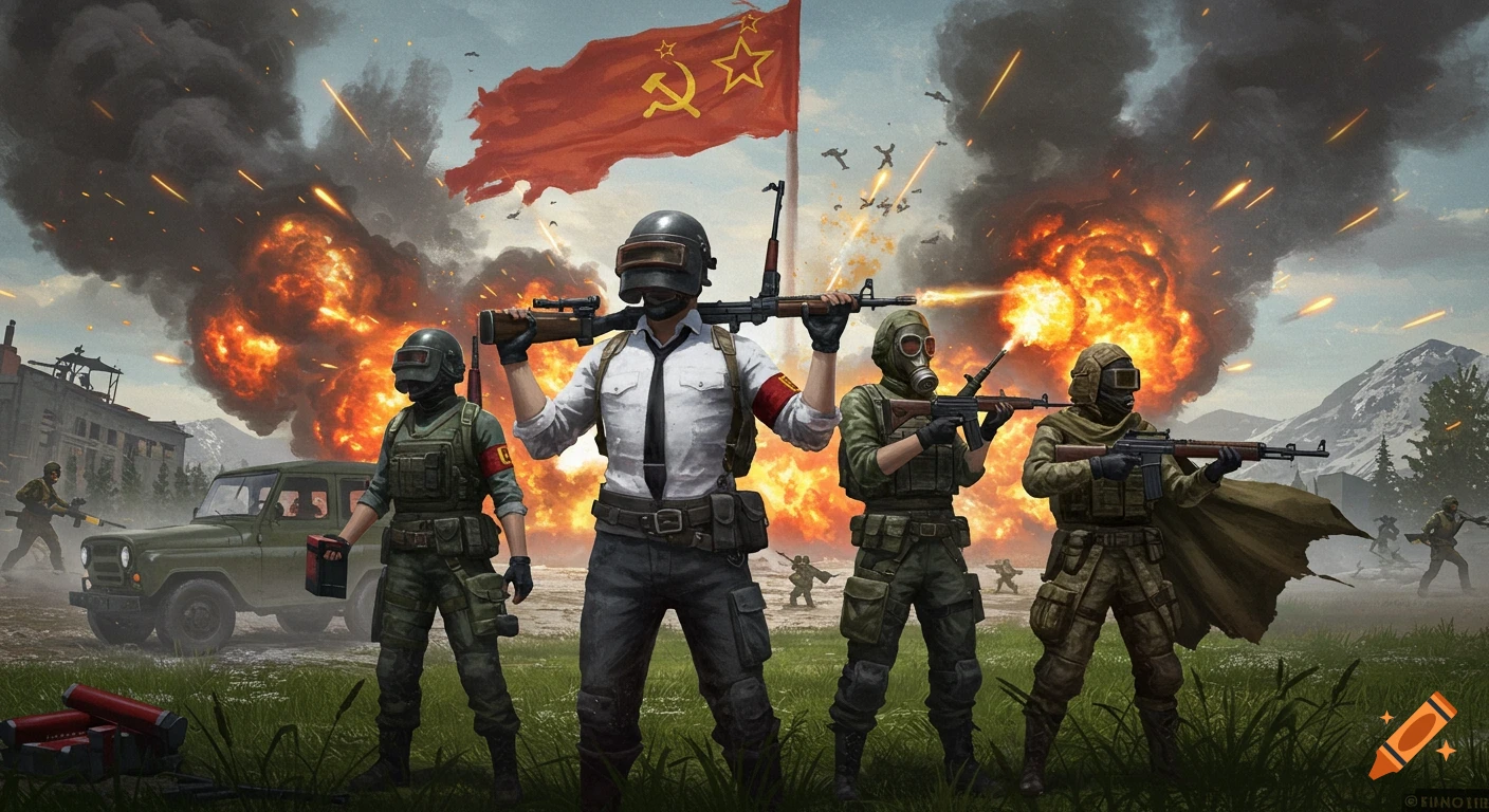 Digital art of soldiers in a battle scene with explosions, vehicles, and a Soviet flag.