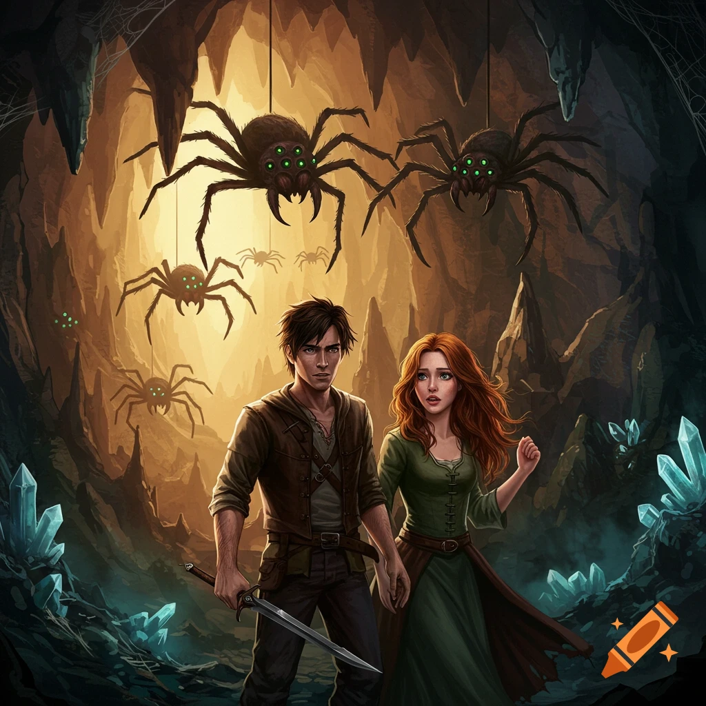 A man and woman stand with a sword in a dark cave filled with giant spiders hanging from the ceiling and glowing crystals.