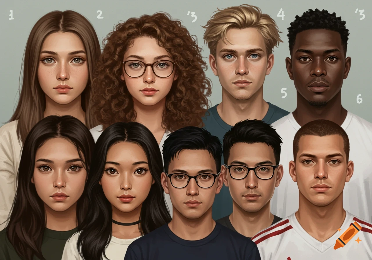Portraits of diverse young adults numbered 1 through 6.
