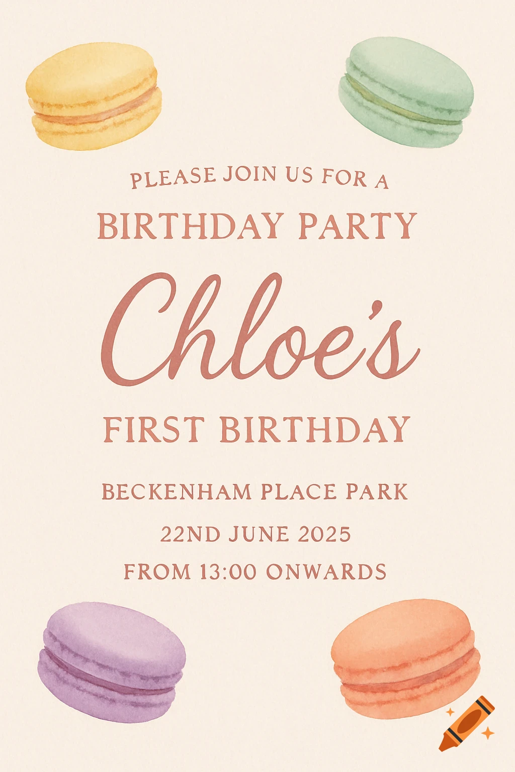 Watercolor birthday invitation with text details and pastel macarons