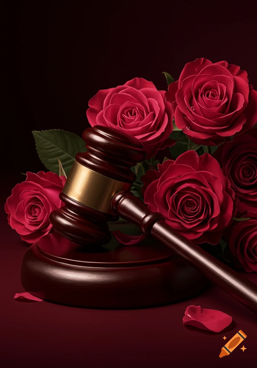 A wooden judge's gavel rests on its base next to a bouquet of red roses against a dark background.