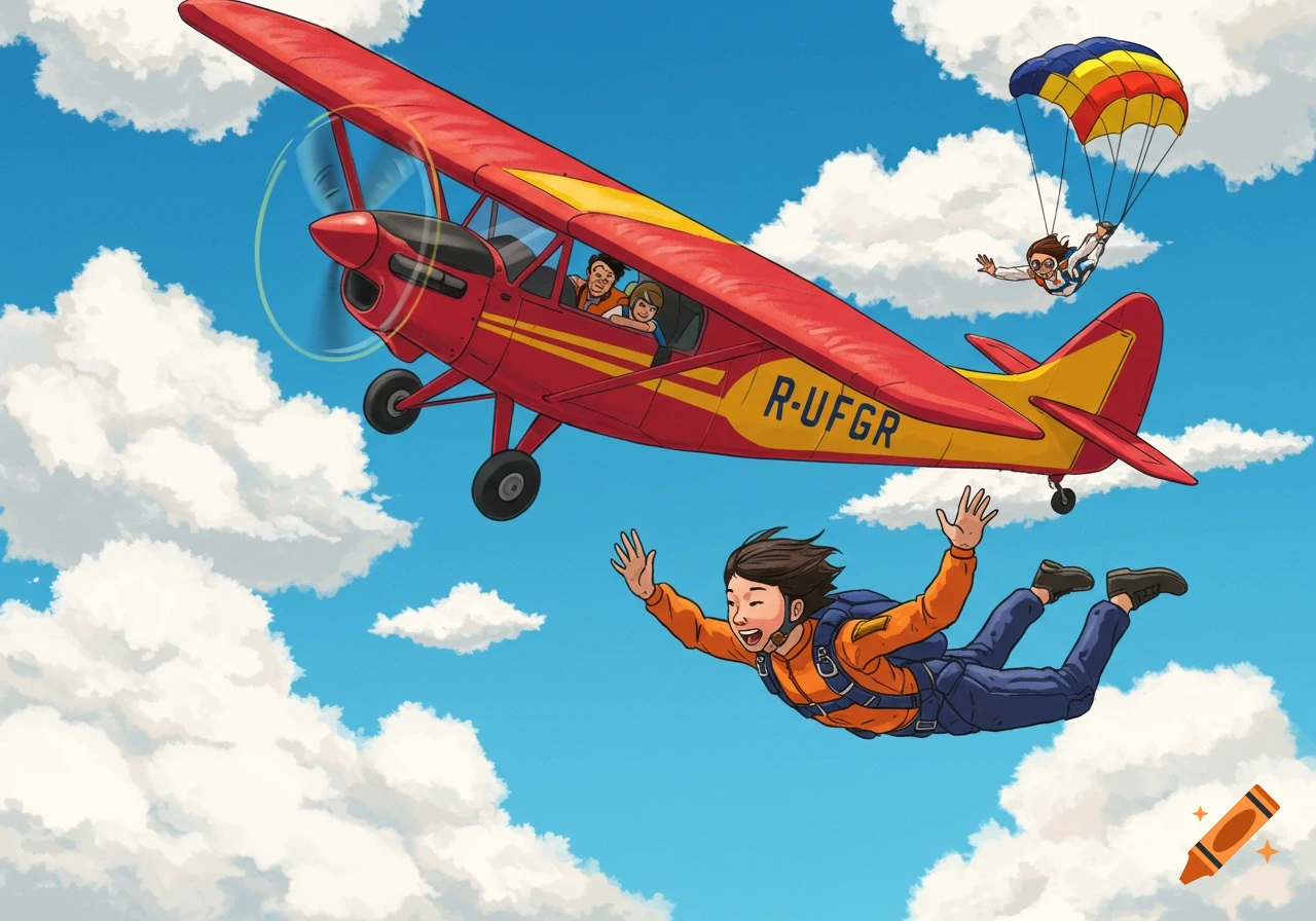 Illustration of a red plane flying with two people skydiving below, one with a parachute, under a blue sky with clouds.