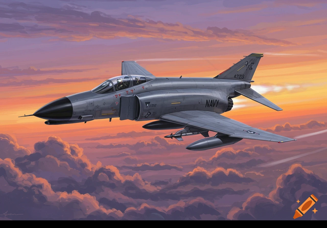 Illustration of a U.S. Navy F-4 Phantom jet flying through colorful clouds at sunset.