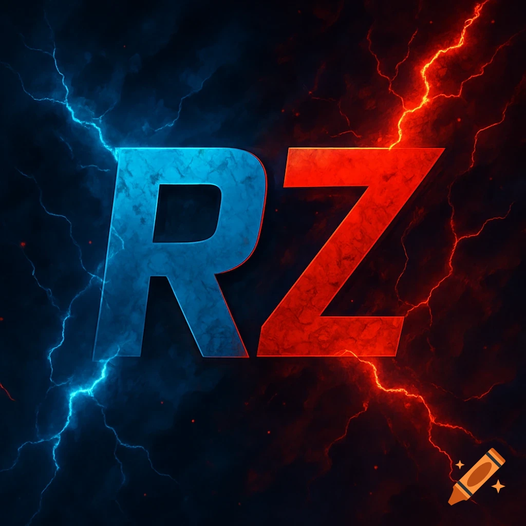 Letters RZ split blue and red with lightning on a dark background