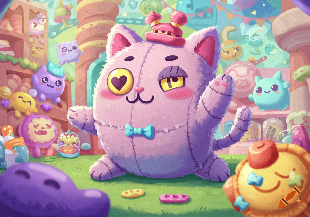 A large pink plush cat stands among other colorful plush toys in a bright, whimsical candy shop environment. Cartoon style.