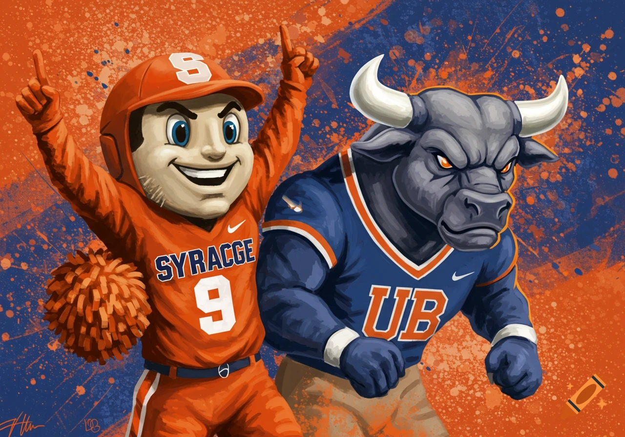 Illustration of Syracuse and UB mascots in team colors