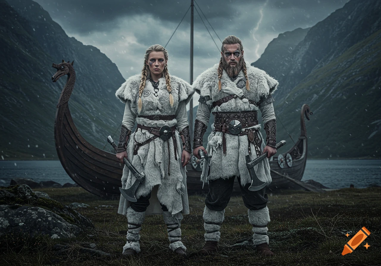 Two people dressed as Vikings stand in front of a longship in a stormy, mountainous landscape.