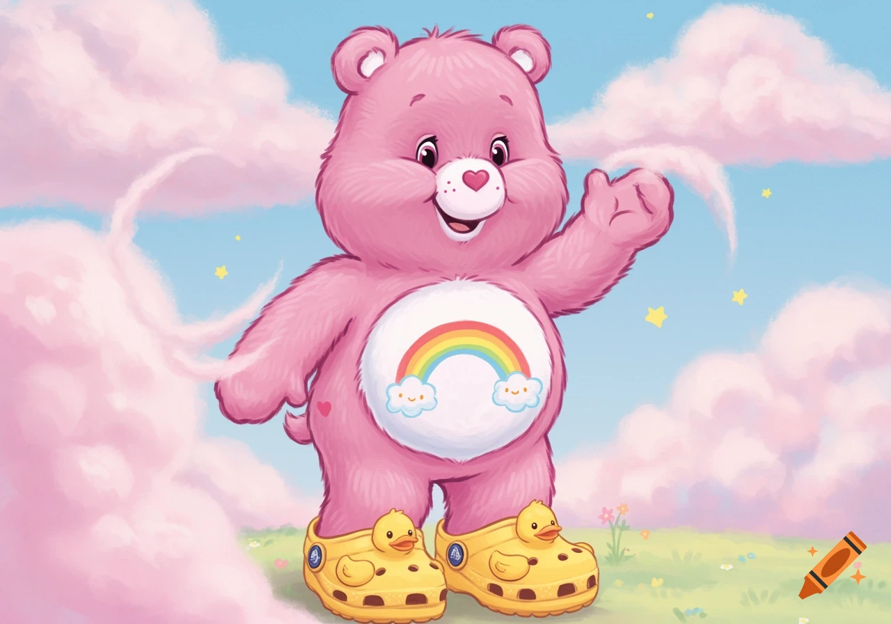 A pink Care Bear with a rainbow belly patch wears yellow duck Crocs in a cloudy landscape.