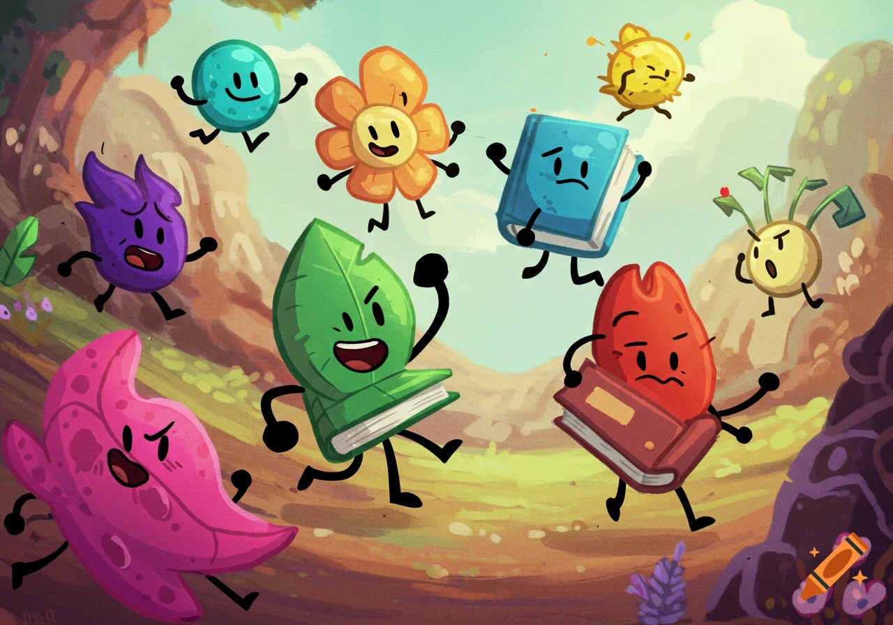Group of colorful anthropomorphic objects like a leaf, book, and flower running in a stylized landscape.