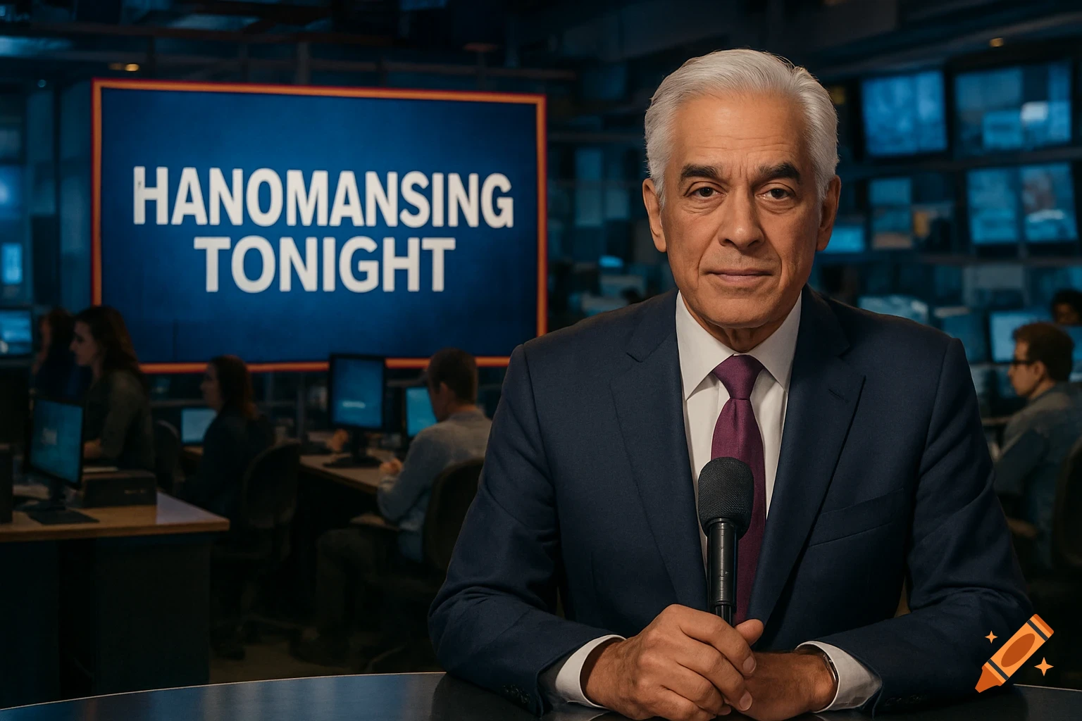 A news anchor sits at a desk in a broadcast studio with monitors showing text behind him.